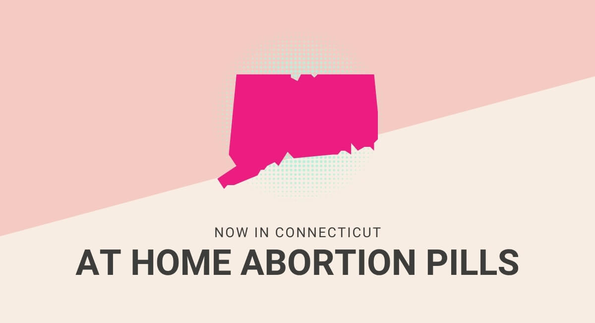 This text reads At Home abortion pills with an image of the map of Connecticut.